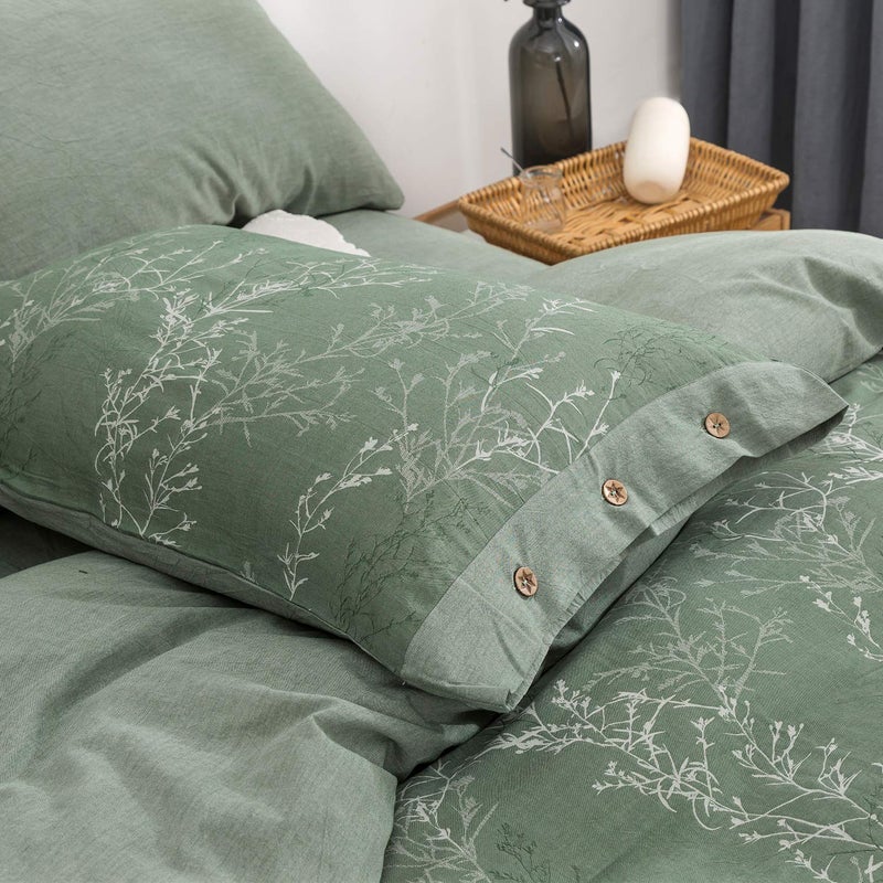 OREISE Duvet Cover Set Full/Queen Size Washed Cotton Yarn, Jacquard Green and White Thin Branch Pattern Floral Style 3Piece Bedding Set - Image 5
